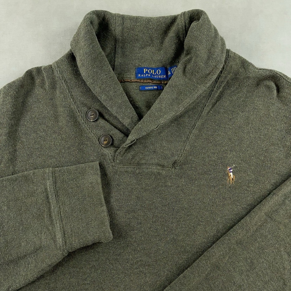 Polo Ralph Lauren Sweater Mens XL Green Long Sleeve Pony Shawl Collar Estate Rib